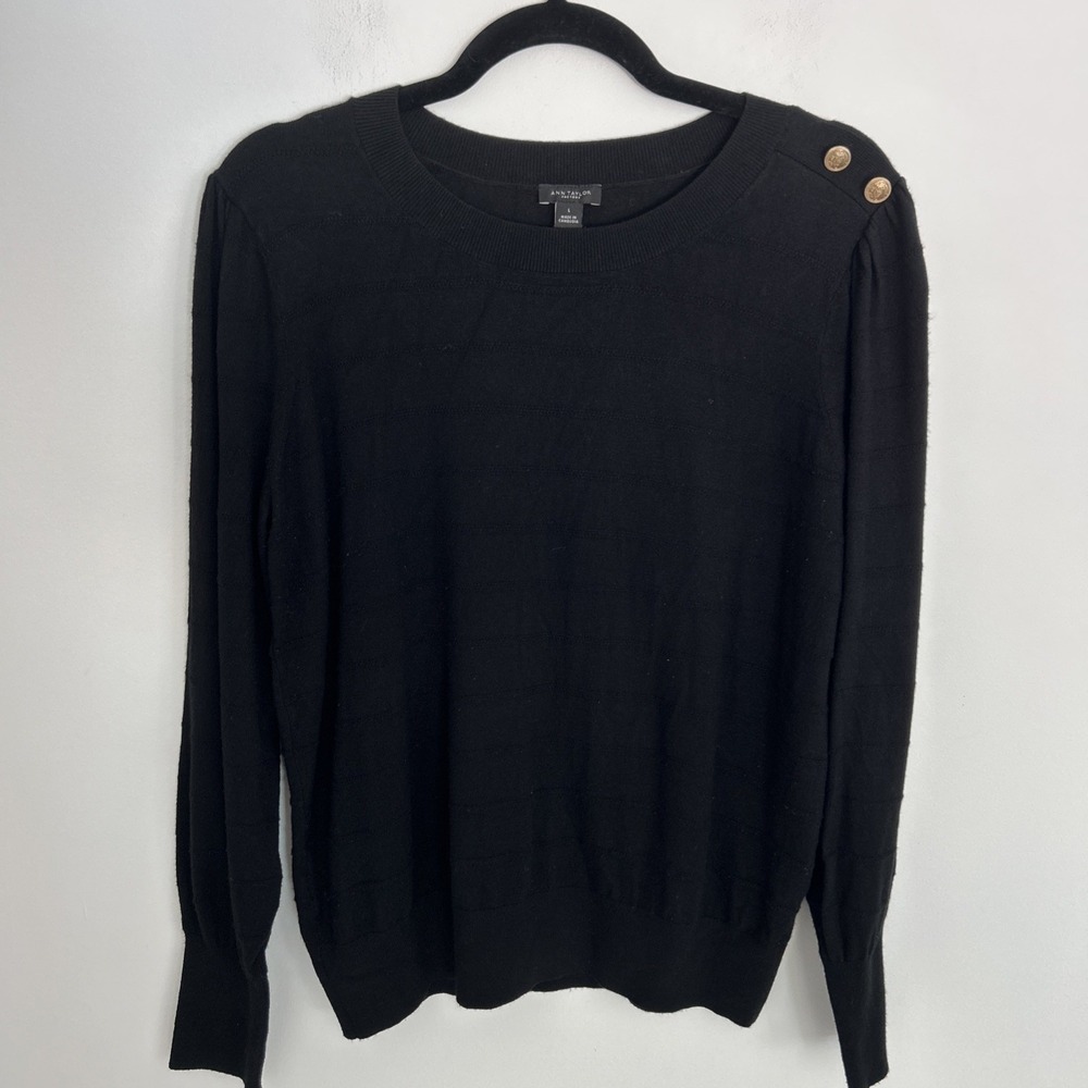 Ann Taylor Factory‎ Black Crew Neck Sweater Gold Button Large Women's Sweater